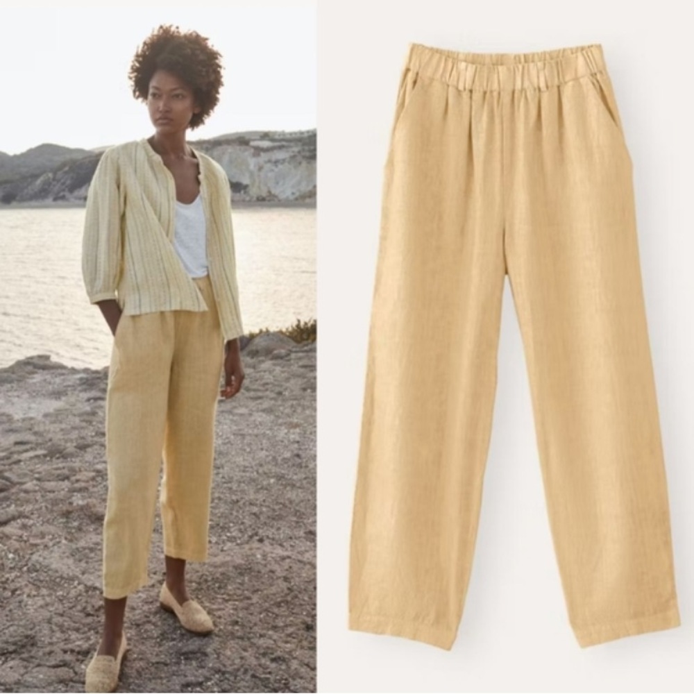 Poetry Linen Blend Elastic Waist Cropped Pants in Pale Yellow